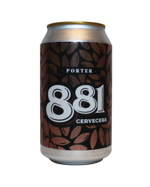 Lata de Cerveza Porter 881 de 355ml sobre fondo oscuro, con notas de café y chocolate.