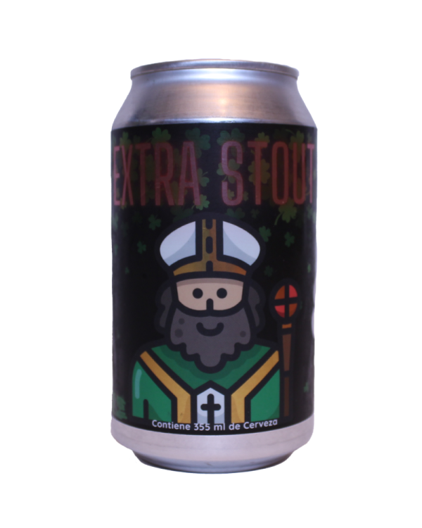 Lata de Cerveza Extra Stout 881 de 355ml, edición San Patricio, con diseño oscuro y elegante sobre fondo oscuro con detalles en verde irlandés